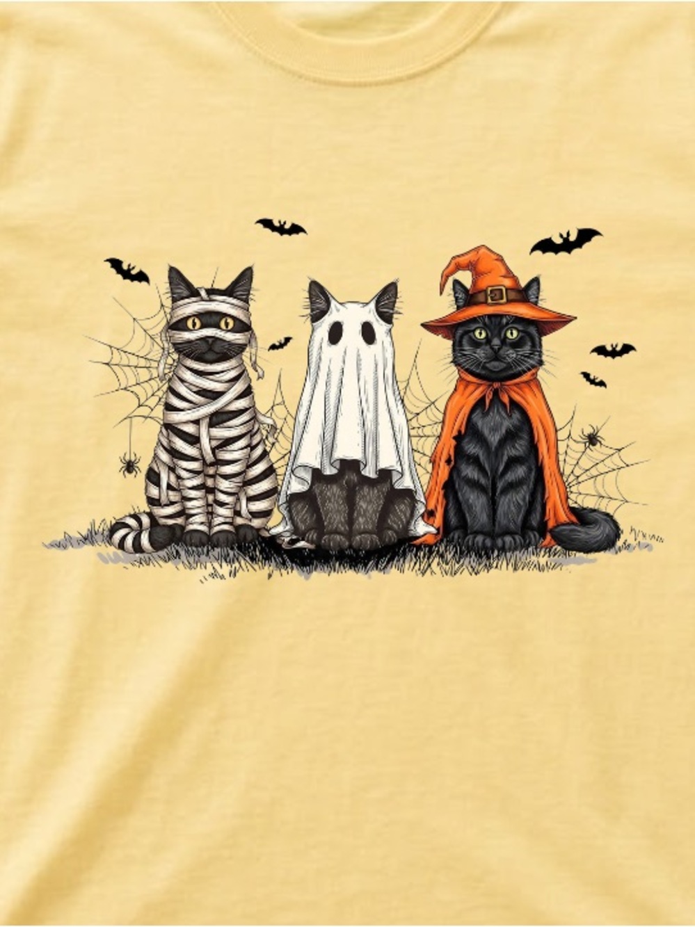 Yellow Halloween Cats Ghost Graphic Tee - Vintage Retro Style Gift For Festival - Picture 3 of 4